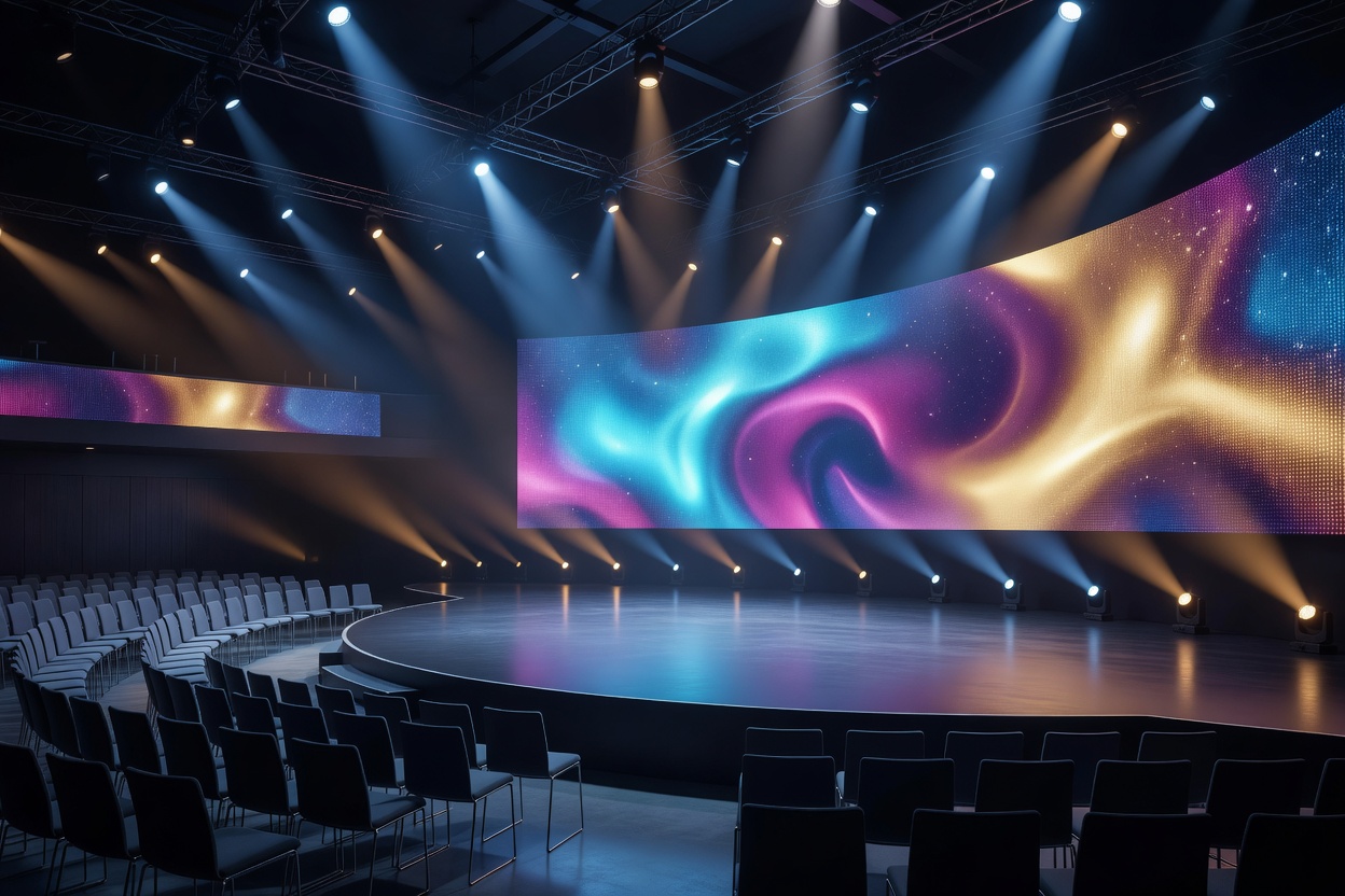 Cinematic photograph of a modern European corporate conference hall with theatrical lighting, LED wall, and curved presentation stage.