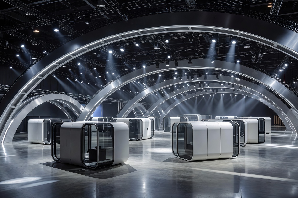 Concept study of an expansive exhibition arena with curved lighting trusses and booth pods.