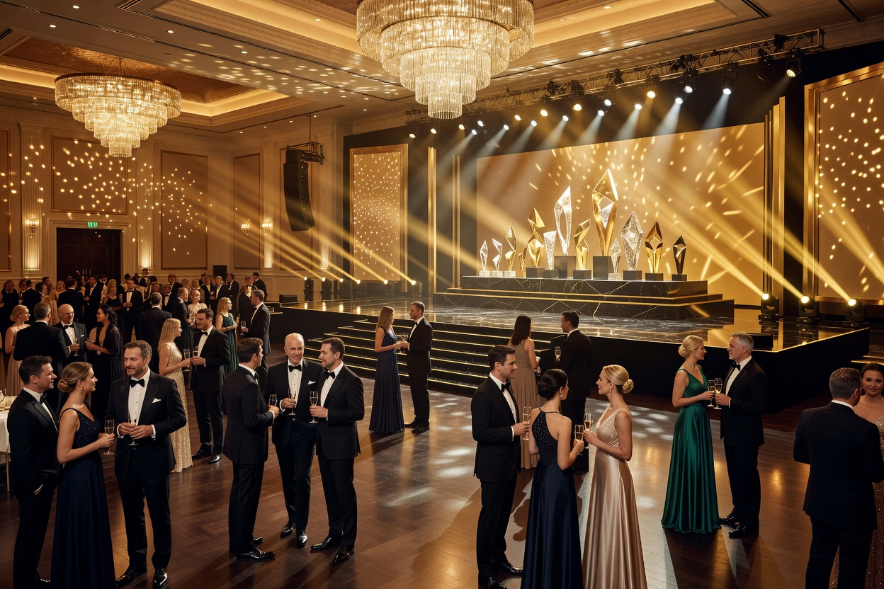 Corporate gala and awards ceremony with gold illuminated awards stage.