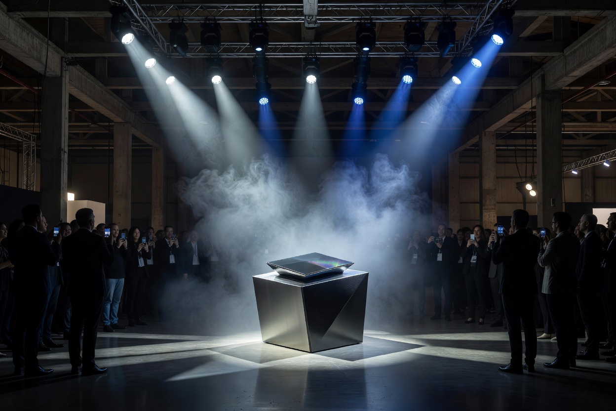Dramatic product launch showcase with theatrical spotlights and central display area.