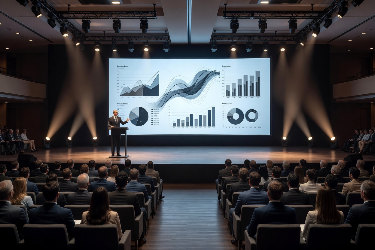 Executive corporate conference with wide stage and illuminated presentation screen.