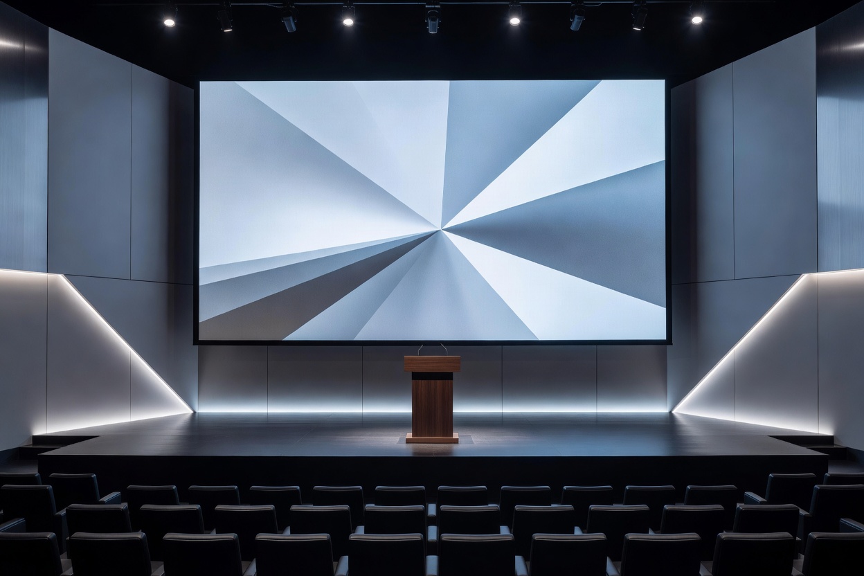 Executive corporate presentation with modern stage lighting and clean architectural backdrop.