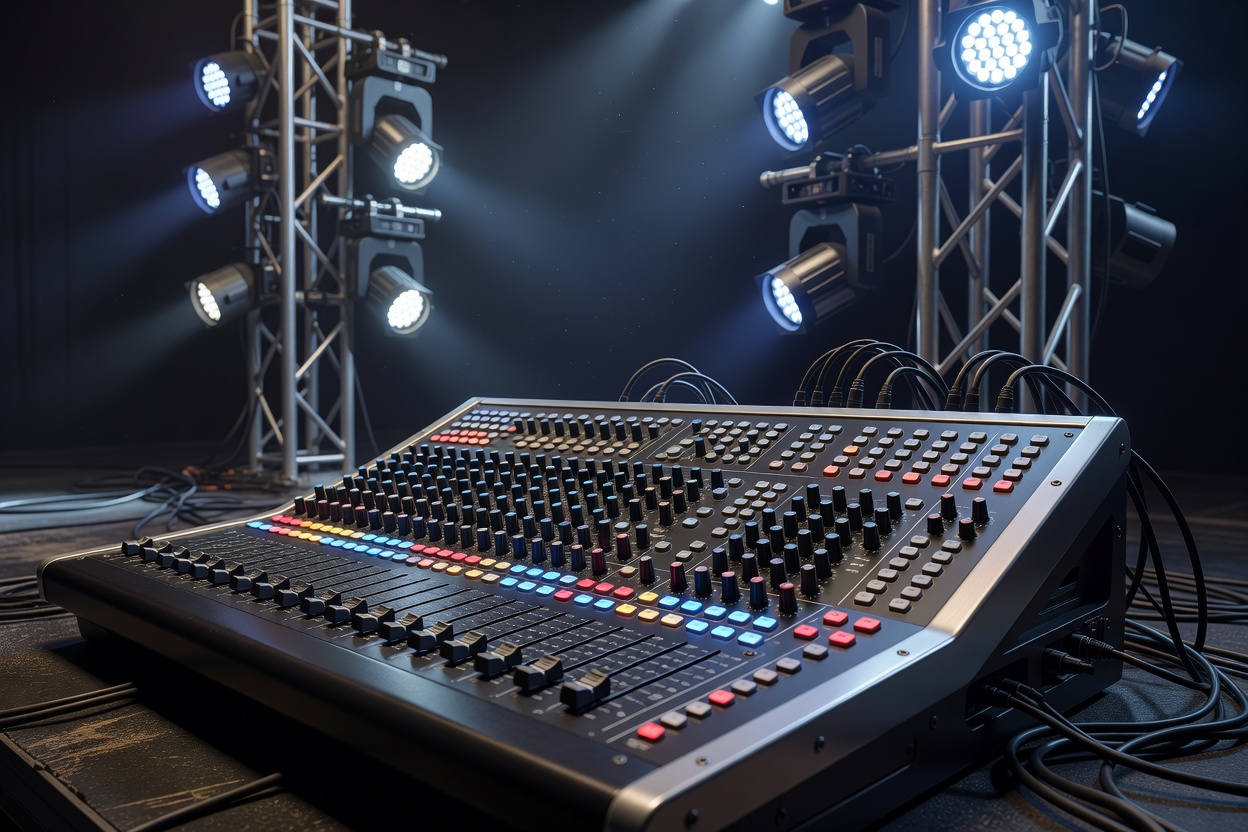 Professional audiovisual console with mixing desk and stage lighting rigs in background.